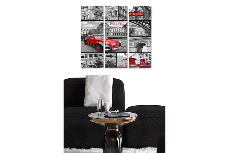 Trelerretsbilde 3-delt 50x70 cm - Rød bil i et svart-hvitt bybilde av Paris, Rød / Svart / Grå