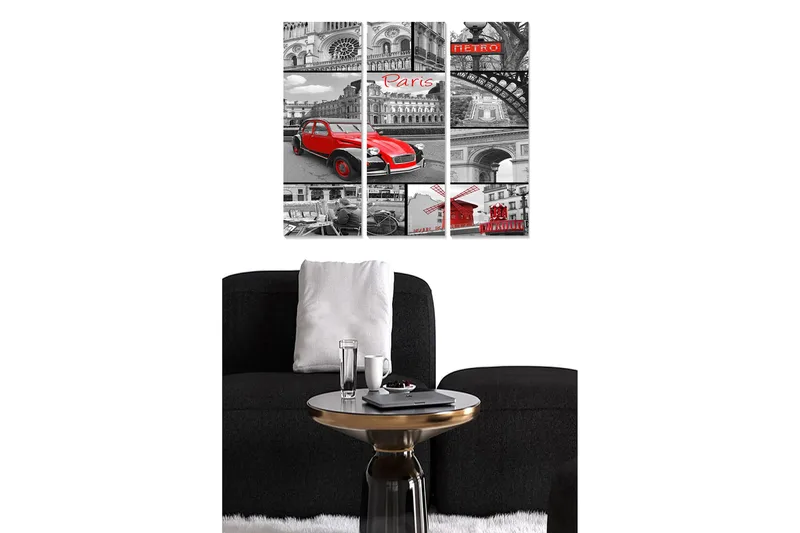 Trelerretsbilde 3-delt 50x70 cm - Rød bil i et svart-hvitt bybilde av Paris, Rød / Svart / Grå