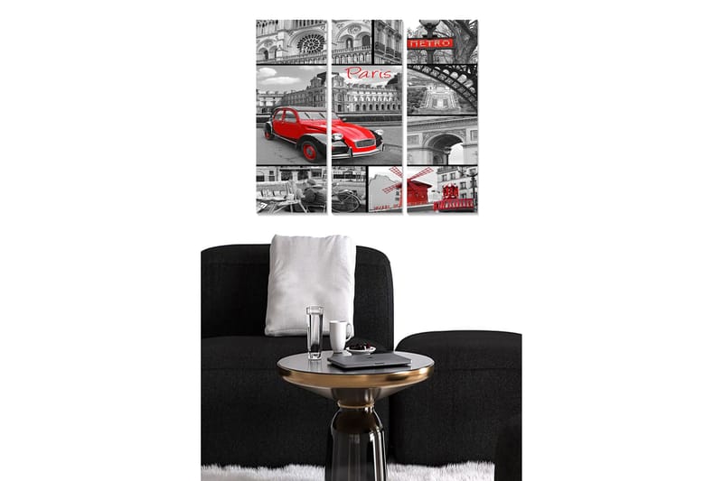 Trelerretsbilde 3-delt 50x70 cm - Rød bil i et svart-hvitt bybilde av Paris, Rød / Svart / Grå