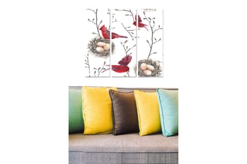 Trelerretsbilde 3-delt 50x70 cm - Rød fugl på en gren med egg i reiret - Rød / Beige / Grønn - Interiør - Maleri & posters - Lerretsbilder