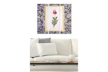 Trelerretsbilde 3-delt 50x70 cm - Rød tulipan omgitt av lilla blomster - Rød / Lilla / Grønn - Interiør - Maleri & posters - Lerretsbilder