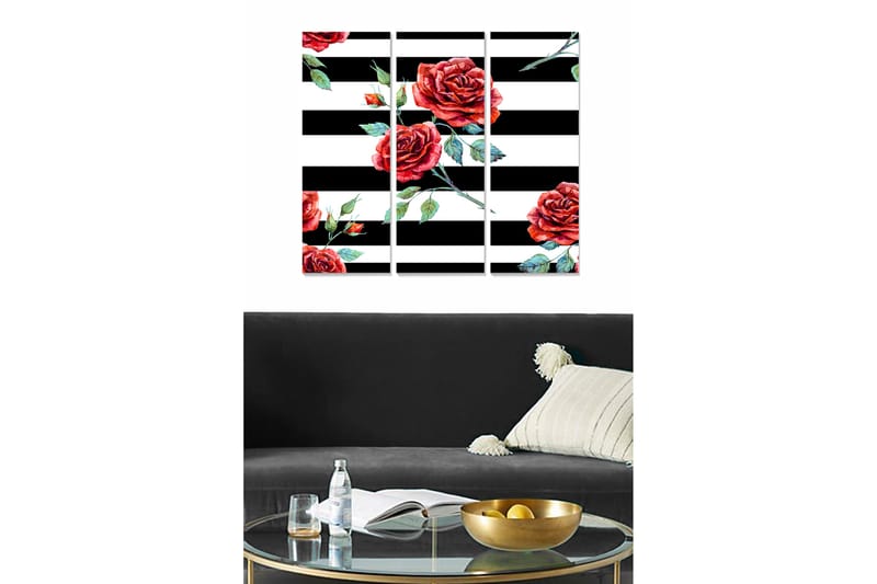 Trelerretsbilde 3-delt 50x70 cm - Røde roser mot svarte og hvite striper, Rød / Grønn / Svart