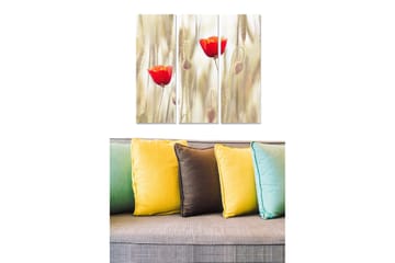 Trelerretsbilde 3-delt 50x70 cm - Røde valmuer i et mykt, gult og beige landskap - Rød / Gul / Beige - Interiør - Maleri & posters - Lerretsbilder