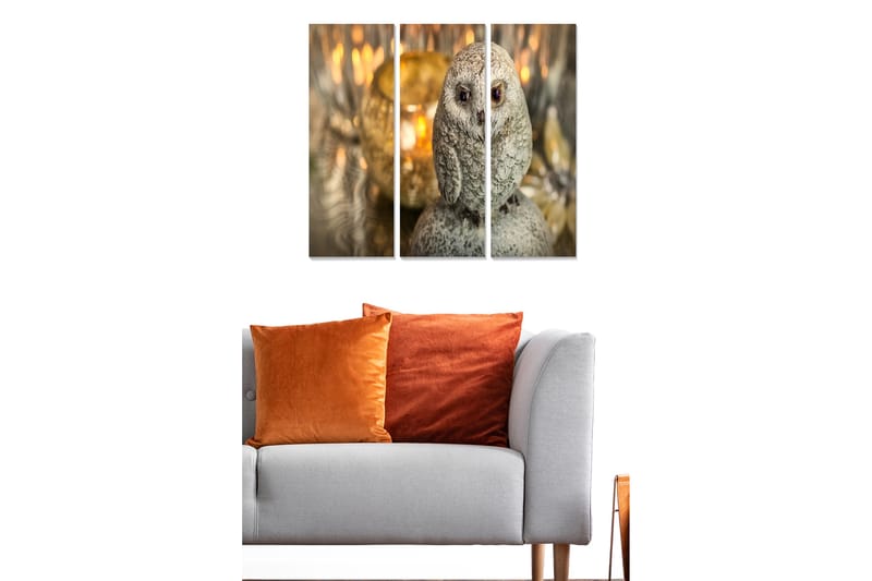 Trelerretsbilde 3-delt 50x70 cm - Realistisk ugle i gråtoner - Grå / Beige / Brun - Interiør - Maleri & posters - Lerretsbilder