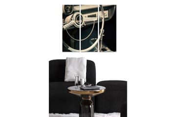 Trelerretsbilde 3-delt 50x70 cm - Retro bilinteriør med fokus på ratt og dashbord - Sølv / Svart / Grå - Interiør - Maleri & posters - Lerretsbilder