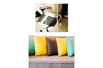 Trelerretsbilde 3-delt 50x70 cm - Retro mikrofon med en sanger i fokus - Svart / Grå / Rød - Interiør - Maleri & posters - Lerretsbilder