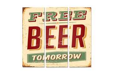 Trelerretsbilde 3-delt 50x70 cm - Retro skilt med teksten FREE BEER TOMORROW - Rød / Grønn / Beige - Interiør - Maleri & posters - Lerretsbilder