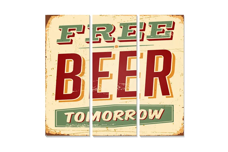 Trelerretsbilde 3-delt 50x70 cm - Retro skilt med teksten FREE BEER TOMORROW, Rød / Grønn / Beige