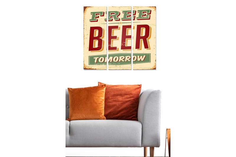 Trelerretsbilde 3-delt 50x70 cm - Retro skilt med teksten FREE BEER TOMORROW - Rød / Grønn / Beige - Interiør - Maleri & posters - Lerretsbilder