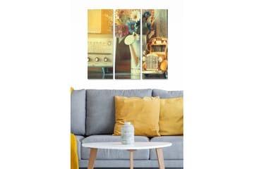 Trelerretsbilde 3-delt 50x70 cm - Retroinspirert komposisjon med en gammel radio, blomster og en lekebil - Gul / Beige / Grønn - Interiør - Maleri & posters - Lerretsbilder