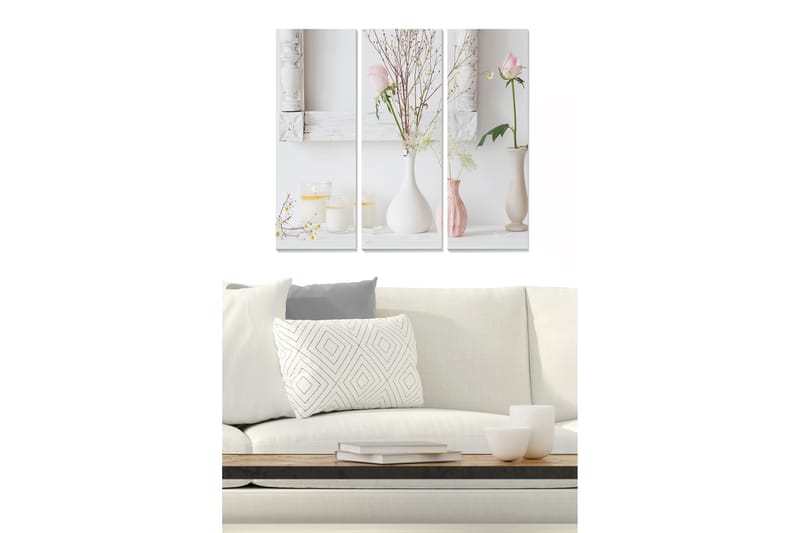 Trelerretsbilde 3-delt 50x70 cm - Rolig stillhet med blomster og lys i vaser, Rosa / Hvit / Beige
