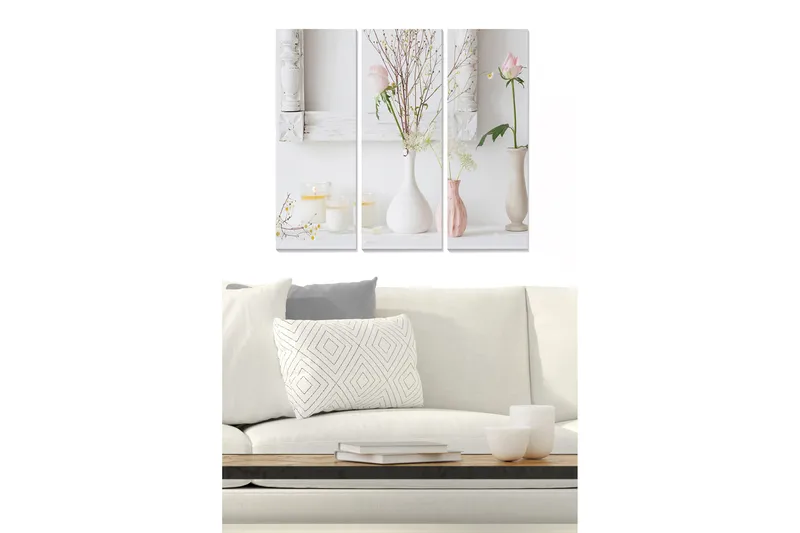 Trelerretsbilde 3-delt 50x70 cm - Rolig stillhet med blomster og lys i vaser, Rosa / Hvit / Beige