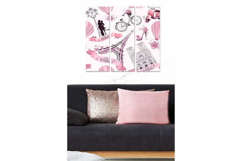 Trelerretsbilde 3-delt 50x70 cm - Romantisk bybilde med Paris-motiv og kjærlig par, Rosa / Svart / Hvit