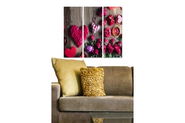 Trelerretsbilde 3-delt 50x70 cm - Romantisk komposisjon med hjerter og roser - Rød / Rosa / Grønn - Interiør - Maleri & posters - Lerretsbilder