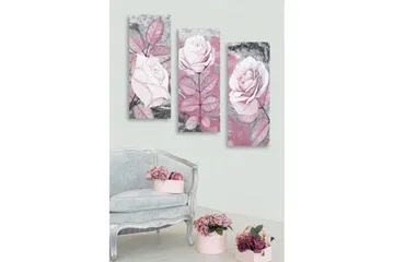 Trelerretsbilde 3-delt 50x70 cm - Rosa blomster med detaljert bladverk - Rosa / Grå / Hvit - Interiør - Maleri & posters - Lerretsbilder
