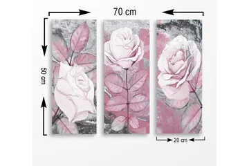 Trelerretsbilde 3-delt 50x70 cm - Rosa blomster med detaljert bladverk - Rosa / Grå / Hvit - Interiør - Maleri & posters - Lerretsbilder