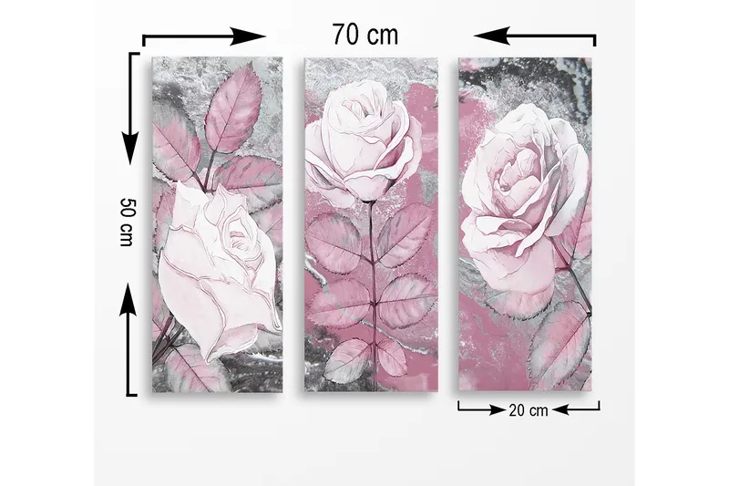 Trelerretsbilde 3-delt 50x70 cm - Rosa blomster med detaljert bladverk - Rosa / Grå / Hvit - Interiør - Maleri & posters - Lerretsbilder