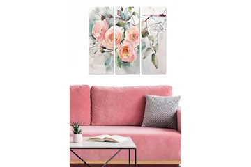 Trelerretsbilde 3-delt 50x70 cm - Rosa blomster med grønne blader i en myk akvarellstil - Rosa / Grønn / Blå - Interiør - Maleri & posters - Lerretsbilder