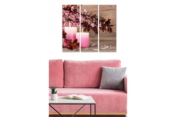 Trelerretsbilde 3-delt 50x70 cm - Rosa lys omgitt av blomster og tredetaljer - Rosa / Brun / Grå - Interiør - Maleri & posters - Lerretsbilder