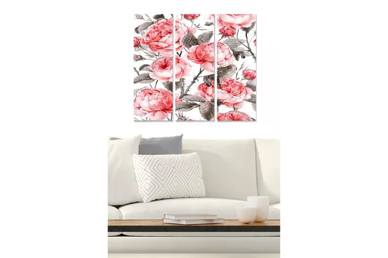 Trelerretsbilde 3-delt 50x70 cm - Rosa peoner i en elegant komposisjon, Rosa / Grå / Grønn