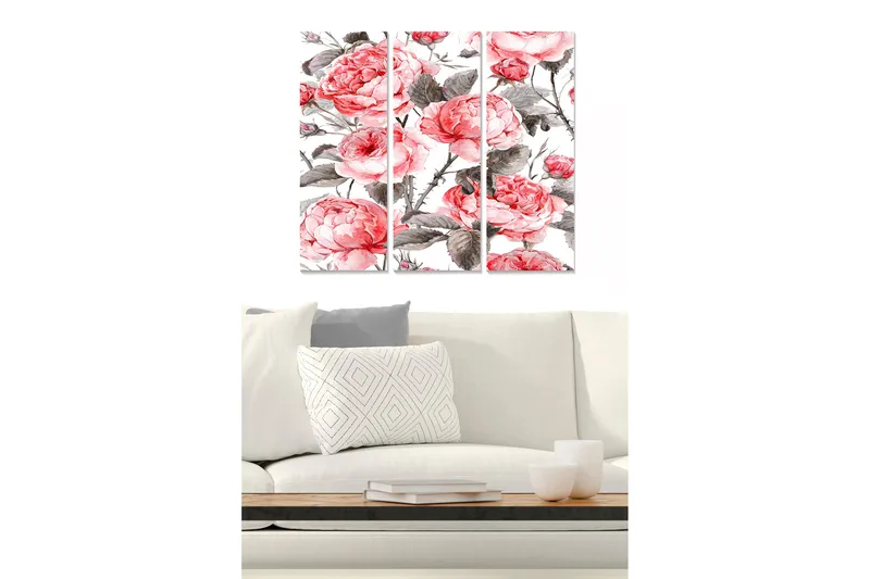 Trelerretsbilde 3-delt 50x70 cm - Rosa peoner i en elegant komposisjon - Rosa / Grå / Grønn - Interiør - Maleri & posters - Lerretsbilder