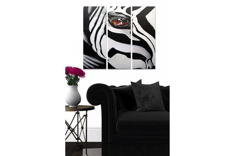 Trelerretsbilde 3-delt 50x70 cm - Sebra med fremtredende øye, Svart / Hvit / Brun