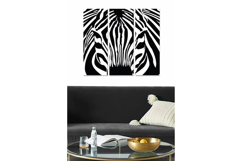 Trelerretsbilde 3-delt 50x70 cm - Sebra med kontrasterende svarte og hvite striper, Svart / Hvit