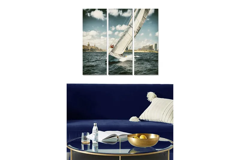 Trelerretsbilde 3-delt 50x70 cm - Seilbåt som navigerer gjennom bølgene i et urbant miljø, Blå / Hvit / Beige