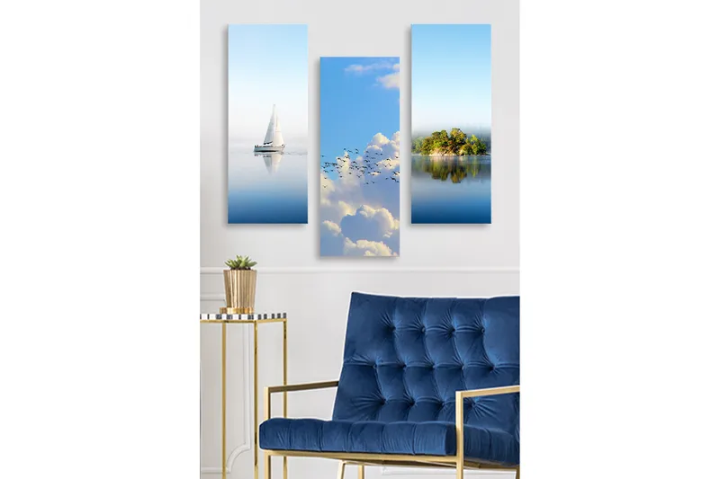 Trelerretsbilde 3-delt 50x70 cm - Seilbåt på speillignende vannflater, Blå / Hvit / Grønn