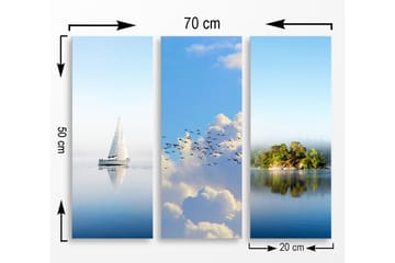 Trelerretsbilde 3-delt 50x70 cm - Seilbåt på speillignende vannflater - Blå / Hvit / Grønn - Interiør - Maleri & posters - Lerretsbilder