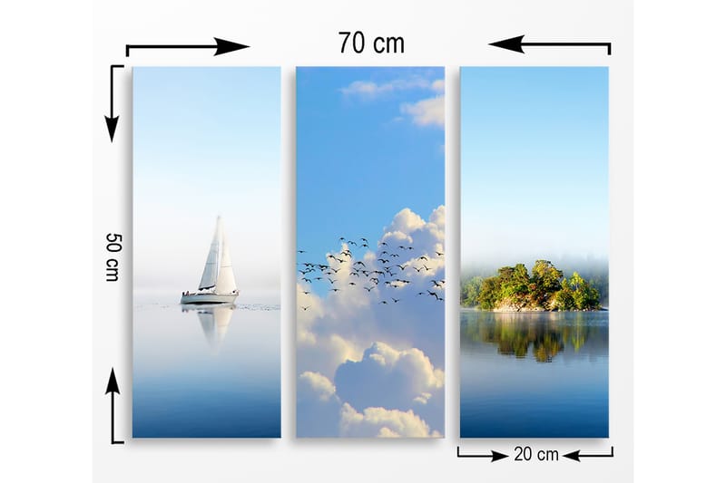 Trelerretsbilde 3-delt 50x70 cm - Seilbåt på speillignende vannflater - Blå / Hvit / Grønn - Interiør - Maleri & posters - Lerretsbilder
