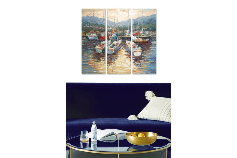 Trelerretsbilde 3-delt 50x70 cm - Seilbåter i en havn med refleksjoner i vannet, Blå / Hvit / Rød