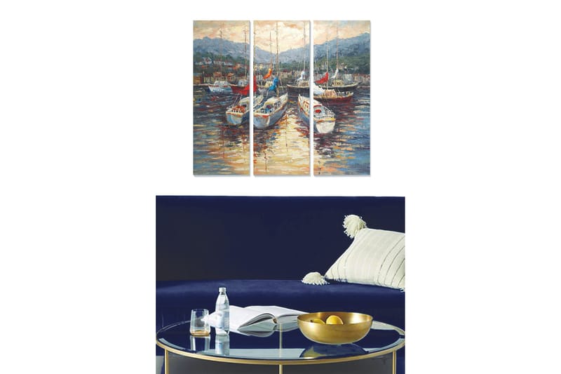 Trelerretsbilde 3-delt 50x70 cm - Seilbåter i en havn med refleksjoner i vannet, Blå / Hvit / Rød