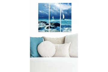 Trelerretsbilde 3-delt 50x70 cm - Seilbåter på et stormfullt hav - Blå / Hvit / Grå - Interiør - Maleri & posters - Lerretsbilder