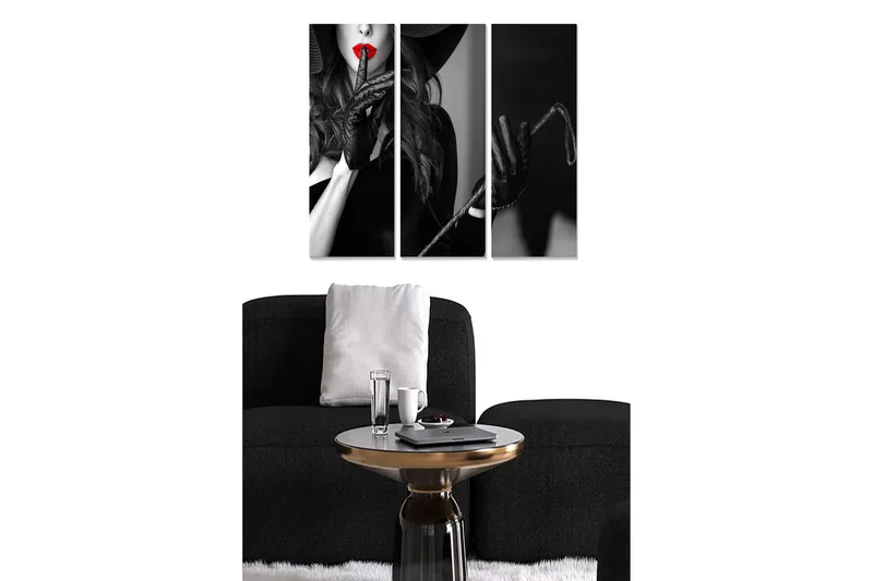 Trelerretsbilde 3-delt 50x70 cm - Sensuell kvinne med rød leppestift og svarte hansker, Svart / Rød