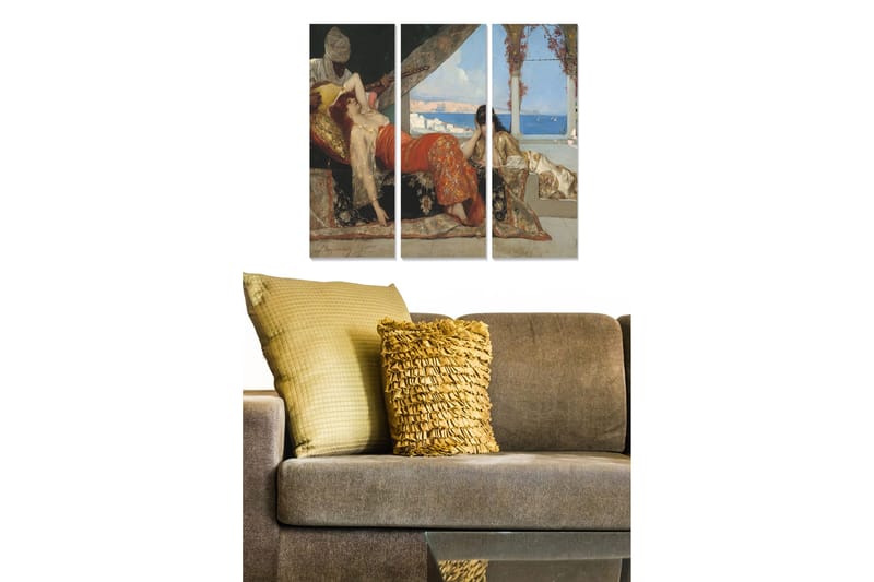 Trelerretsbilde 3-delt 50x70 cm - Sensuell scene med kvinner i et avslappende miljø, Rød / Beige / Blå