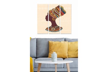 Trelerretsbilde 3-delt 50x70 cm - Silhuett av en kvinne med fargerik hodeplagg og tradisjonelle mønstre - Mørk brun / Gul / Rød - Interiør - Maleri & posters - Lerretsbilder