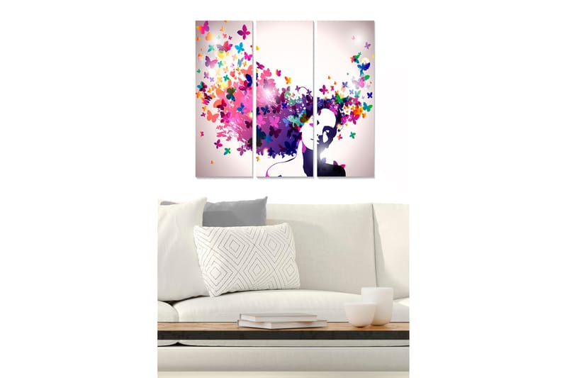 Trelerretsbilde 3-delt 50x70 cm - Silhuett av en kvinne med fargerike sommerfugler som svever rundt henne, Lilla / Rosa / Grønn