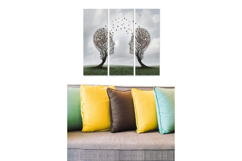 Trelerretsbilde 3-delt 50x70 cm - Silhuetter av ansikter formet av trær med fugler som flyr mellom dem, Grønn / Brun / Grå