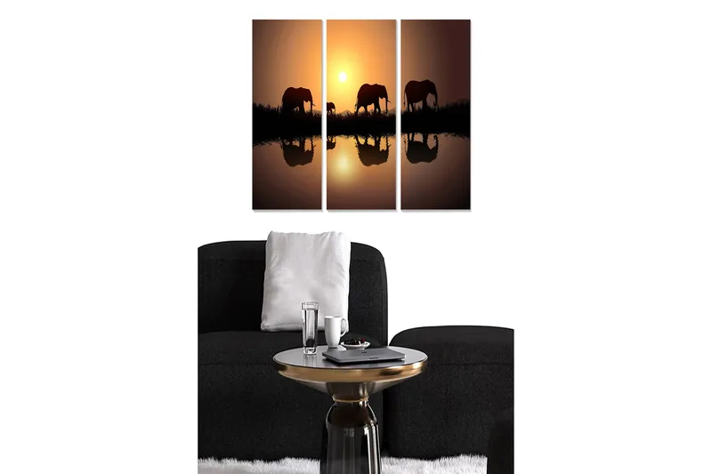 Trelerretsbilde 3-delt 50x70 cm - Silhuetter av elefanter ved solnedgang, Mørk brun / Oransje / Svart