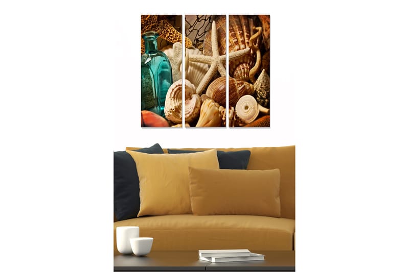 Trelerretsbilde 3-delt 50x70 cm - Sjøinspirert samling av skjell og strandgjenstander, Turkis / Beige / Brun