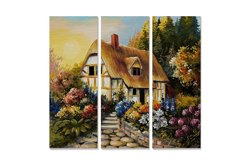 Trelerretsbilde 3-delt 50x70 cm - Sjarmerende hus omgitt av blomstrende hage, Grønn / Gul / Lilla