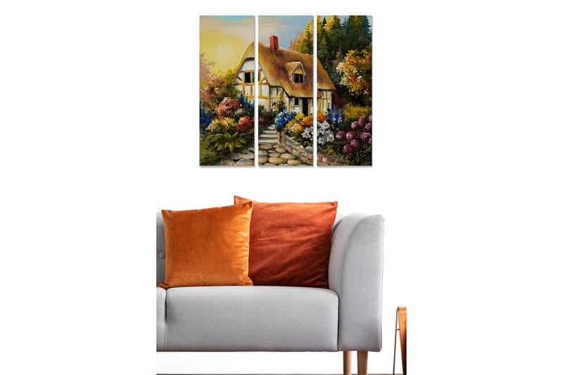 Trelerretsbilde 3-delt 50x70 cm - Sjarmerende hus omgitt av blomstrende hage - Grønn / Gul / Lilla - Interiør - Maleri & posters - Lerretsbilder