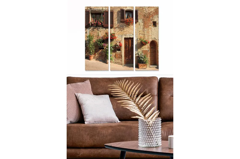 Trelerretsbilde 3-delt 50x70 cm - Sjarmerende italiensk husfasade med blomster i vinduene, Terrakotta / Grå / Grønn