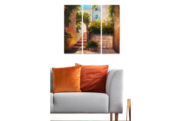 Trelerretsbilde 3-delt 50x70 cm - Sjarmerende smug med blomster og trapper - Grønn / Oransje / Beige - Interiør - Maleri & posters - Lerretsbilder