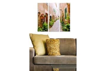 Trelerretsbilde 3-delt 50x70 cm - Sjarmerende smug med blomsterdekorasjoner og grønne planter - Beige / Grønn / Rød - Interiør - Maleri & posters - Lerretsbilder