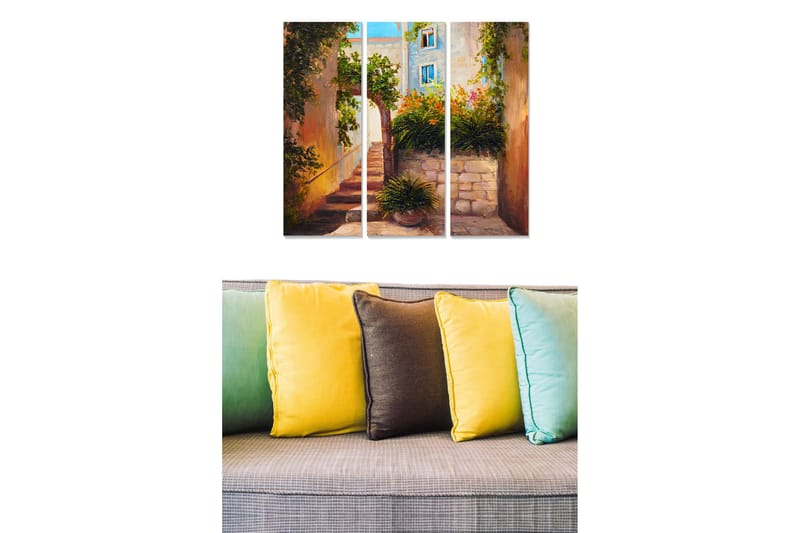 Trelerretsbilde 3-delt 50x70 cm - Sjarmerende smug med blomsteroppsatser og asfalterte trapper, Grønn / Beige / Blå