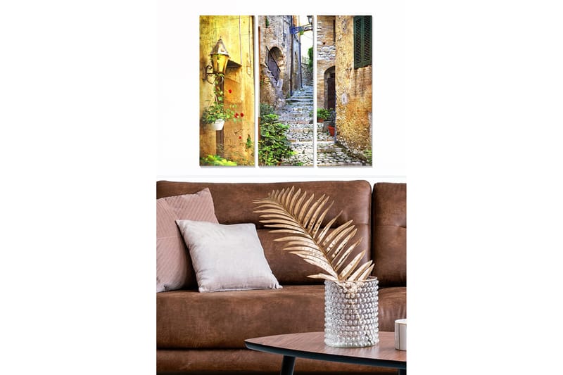 Trelerretsbilde 3-delt 50x70 cm - Sjarmerende smug med steinbelegg og vegetasjon, Gull / Grønn / Rød