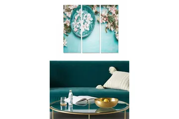 Trelerretsbilde 3-delt 50x70 cm - Skål med blomster på turkis bakgrunn - Turkis / Hvit / Rosa - Interiør - Maleri & posters - Lerretsbilder
