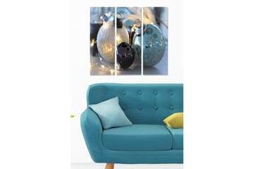 Trelerretsbilde 3-delt 50x70 cm - Skinnende julekuler i forskjellige farger - Blå / Svart / Sølv - Interiør - Maleri & posters - Lerretsbilder